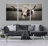 69238-MGV-CV-36X24-Longhorn Bull Wall Art – Rustic Black and White Texas Cattle Canvas Print, Western Farmhouse Animal Photography for Living Room,