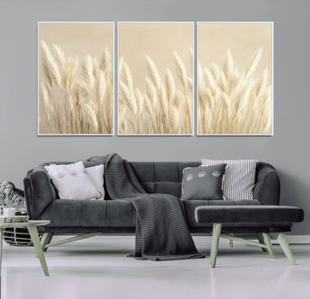 81444-MGV-FC-60X30-3P_White-Pampas Grass Wall Art Canvas Print, Framed Beige Pampas Grass Art Picture Print, Minimalist Beige Perfect Minimalist Nature Decor
