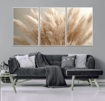 50300-MGV-FC-60X30-3P_White-Pampas Grass Wall Art Canvas Print, Framed Minimalist Pampas Grass Art Picture Print, Beige Pampas Grass Perfect Minimalist Boho