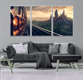 84029-MGV-FC-60X30-3P_White-Fantasy Castle Wall Art – Magical Train Sunset Forest Canvas Print, Enchanted Landscape Painting Poster for Living Room, Bedroom,
