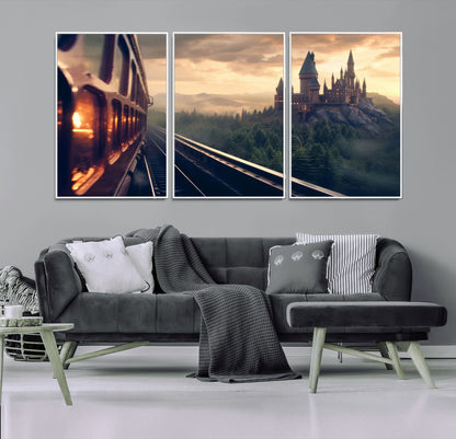 84029-MGV-FC-60X30-3P_White-Fantasy Castle Wall Art – Magical Train Sunset Forest Canvas Print, Enchanted Landscape Painting Poster for Living Room, Bedroom,