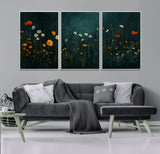 87037-MGV-FC-60X30-3P_White-Wildflower Wall Art – Dark Botanical Floral Canvas Print, Modern Nature Painting Poster with Daisies Poppies Orange Flowers for