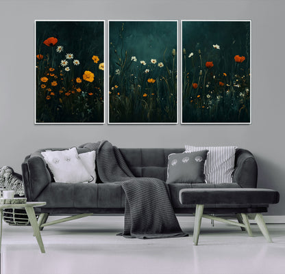 87037-MGV-FC-60X30-3P_White-Wildflower Wall Art – Dark Botanical Floral Canvas Print, Modern Nature Painting Poster with Daisies Poppies Orange Flowers for