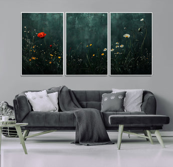 26218-MGV-FC-60X30-3P_White-Wildflower Wall Art – Dark Botanical Floral Canvas Print, Modern Nature Painting Poster with Daisy Poppy Yellow Flowers for Living