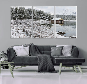 29975-MGV-CV-36X24-Winter Cabin by the Lake Wall Art – Snowy Mountain Landscape Canvas Print, Rustic Lodge Cabin Decor for Cozy Living Room, Bedroom