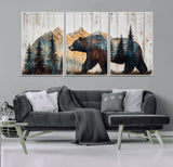90077-MGV-FC-60X30-3P_White-Wood Grizzly Bear Wall Art Canvas Print, Framed Abstract Bear Art Picture Print, Bear in Forest Perfect Rustic Lodge Decor Artwork
