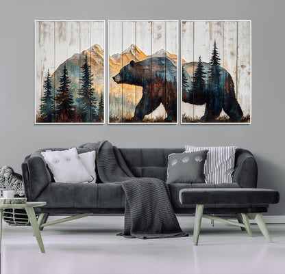 90077-MGV-FC-60X30-3P_White-Wood Grizzly Bear Wall Art Canvas Print, Framed Abstract Bear Art Picture Print, Bear in Forest Perfect Rustic Lodge Decor Artwork