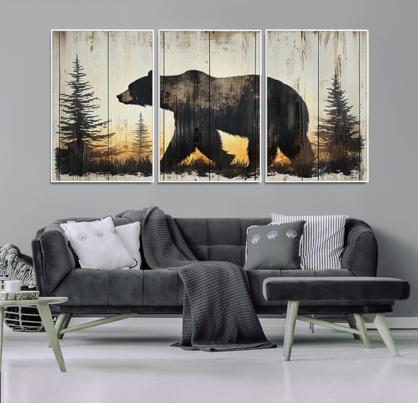 83875-MGV-FC-60X30-3P_White-Sunset Bear Wall Art – Rustic Wildlife Canvas Print with Forest Silhouette, Cabin Lodge Decor for Living Room or Office