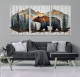 55777-MGV-FC-60X30-3P_White-Rustic Bear Wall Art Canvas Print, Framed Mountain and Forest Art Picture Print, Wooden Bear Perfect Rustic Lodge Decor Artwork