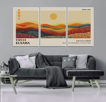 88180-MGV-FC-60X30-3P_White-Yayoi Kusama Landscape Wall Art – Abstract Dotted Mountain Canvas Print, Retro Sun Poster for Modern Living Room, Office or