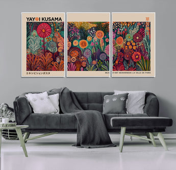 51280-MGV-FC-60X30-3P_White-Abstract Yayoi Kusama Wall Art Canvas Print, Framed Japanese Wabi Sabi Art Picture Print, Yayoi Kusama Perfect Abstract Modern