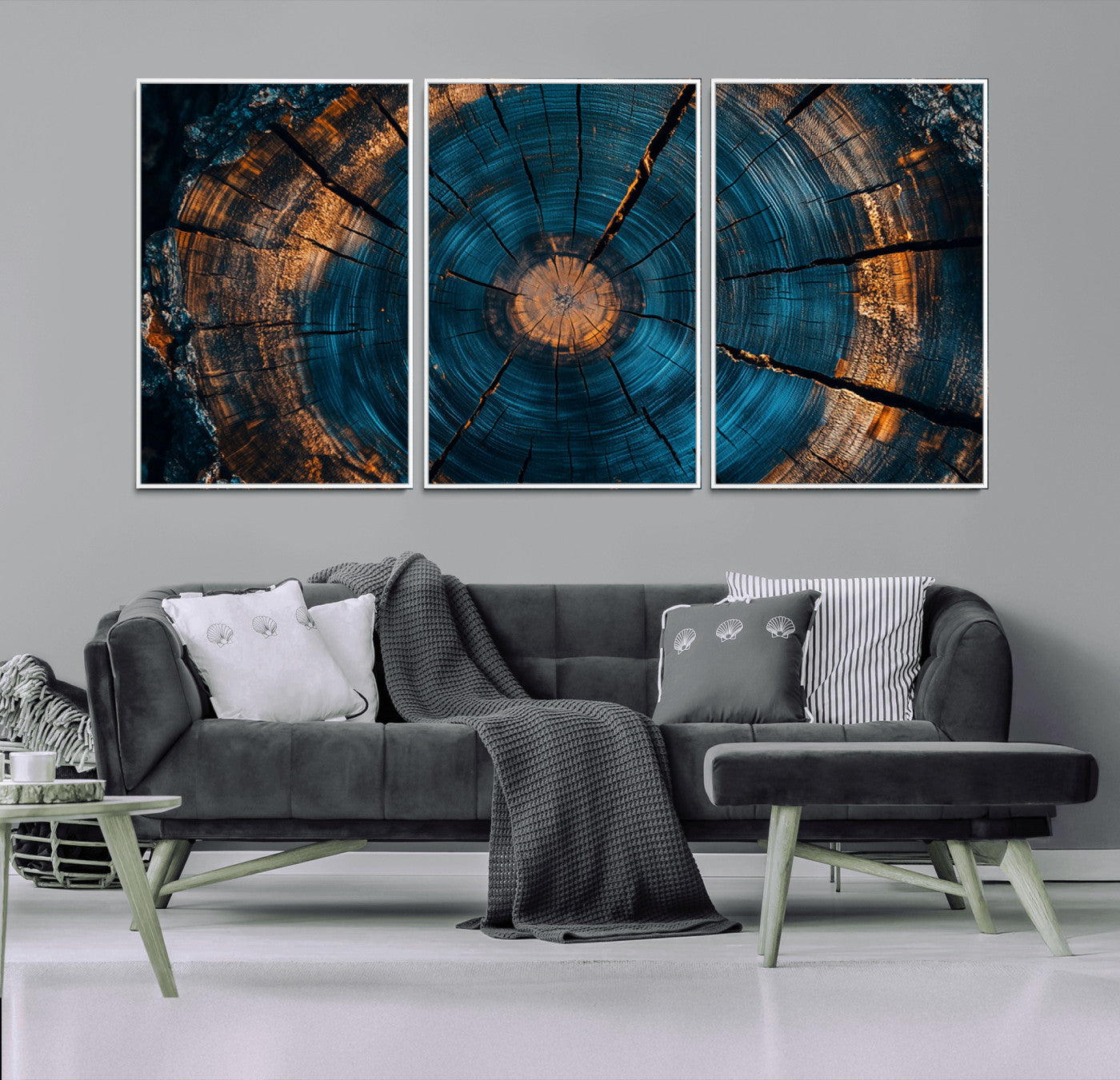 65231-MGV-CV-36X24-Blue and Gold Tree Ring Wall Art – Rustic Abstract Wood Slice Canvas Print, Modern Nature Inspired Artwork for Living Room,