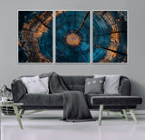 65231-MGV-CV-36X24-Blue and Gold Tree Ring Wall Art – Rustic Abstract Wood Slice Canvas Print, Modern Nature Inspired Artwork for Living Room,