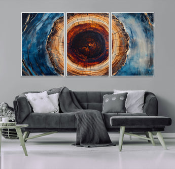 30457-MGV-CV-36X24-Tree Ring Abstract Wall Art – Blue and Brown Wood Grain Canvas Print, Modern Nature Inspired Painting for Rustic Living Room,