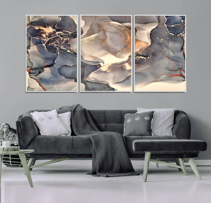 18202-MGV-CV-36X24-Abstract Neutral Wall Art – Blue, Beige and Gold Fluid Ink Canvas Print, Modern Minimalist Painting for Living Room, Office