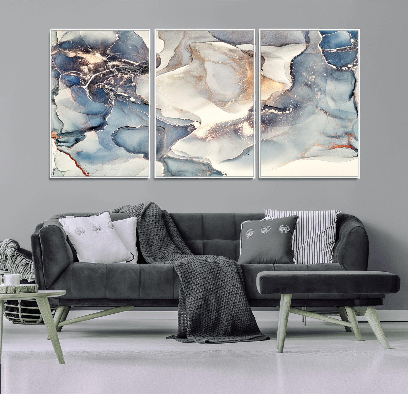 51497-MGV-CV-36X24-Abstract Blue and Gold Wall Art – Modern Fluid Ink Style Canvas Print, Elegant Contemporary Decor for Living Room, Office