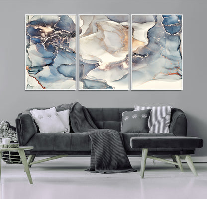 51497-MGV-CV-36X24-Abstract Blue and Gold Wall Art – Modern Fluid Ink Style Canvas Print, Elegant Contemporary Decor for Living Room, Office