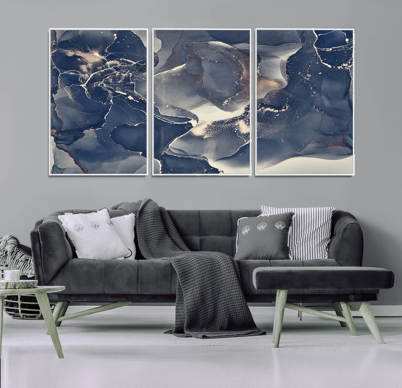 28282-MGV-CV-36X24-Blue Abstract Wall Art – Modern Ink Swirl Canvas Print, Contemporary Navy and Gold Painting for Living Room, Bedroom, Office or