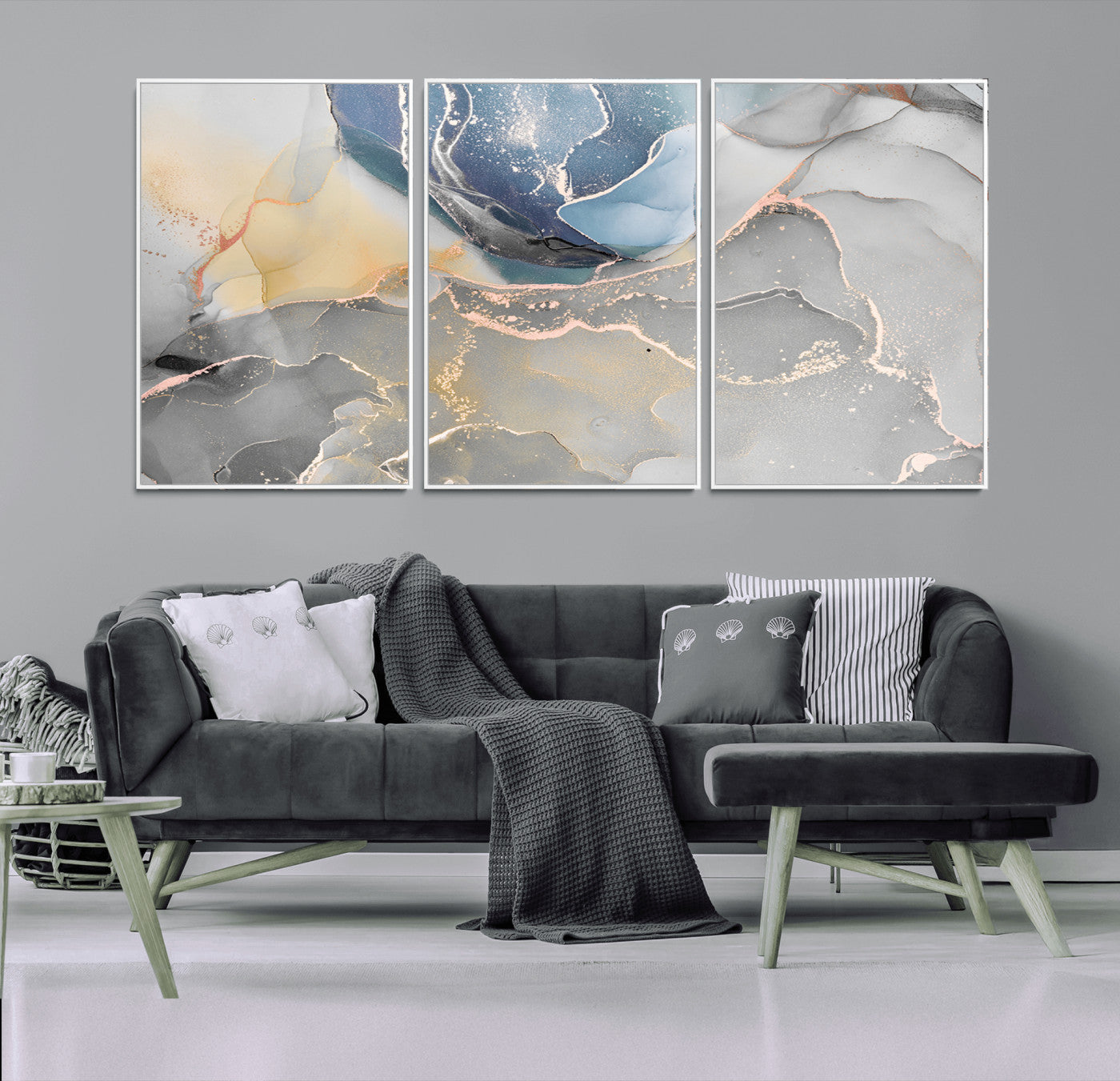 18176-MGV-CV-36X24-Abstract Fluid Wall Art – Modern Marble Ink Canvas Print with Blue, Gold, and Gray Tones, Contemporary Minimal Artwork Decor for