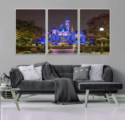 63560-MGV-CV-36X24-Fairy Tale Castle Wall Art – Magical Night Scene Canvas Print with Lights and Gardens, Fantasy Architecture Artwork for Living