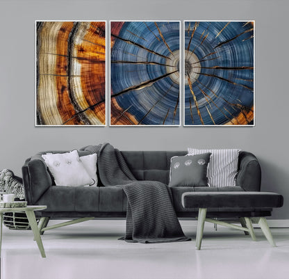 10583-MGV-CV-36X24-Tree Ring Wall Art – Abstract Wood Grain Canvas Print with Blue and Brown Tones, Nature Inspired Rustic Artwork for Living Room,