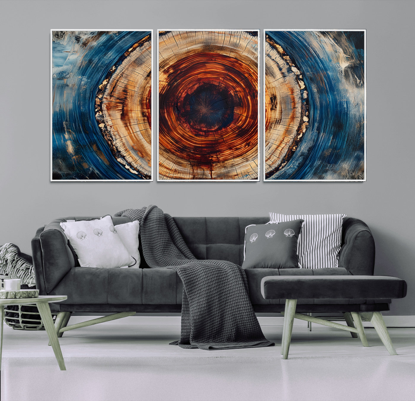 90395-MGV-CV-36X24-Tree Ring Wall Art – Abstract Wood Grain Canvas Print with Fiery Red and Blue Tones, Bold Rustic Nature Inspired Artwork Decor for