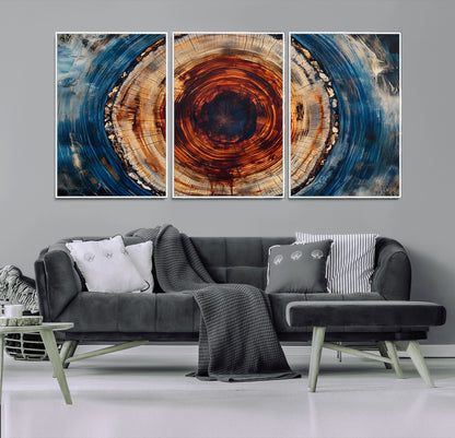 90395-MGV-CV-36X24-Tree Ring Wall Art – Abstract Wood Grain Canvas Print with Fiery Red and Blue Tones, Bold Rustic Nature Inspired Artwork Decor for