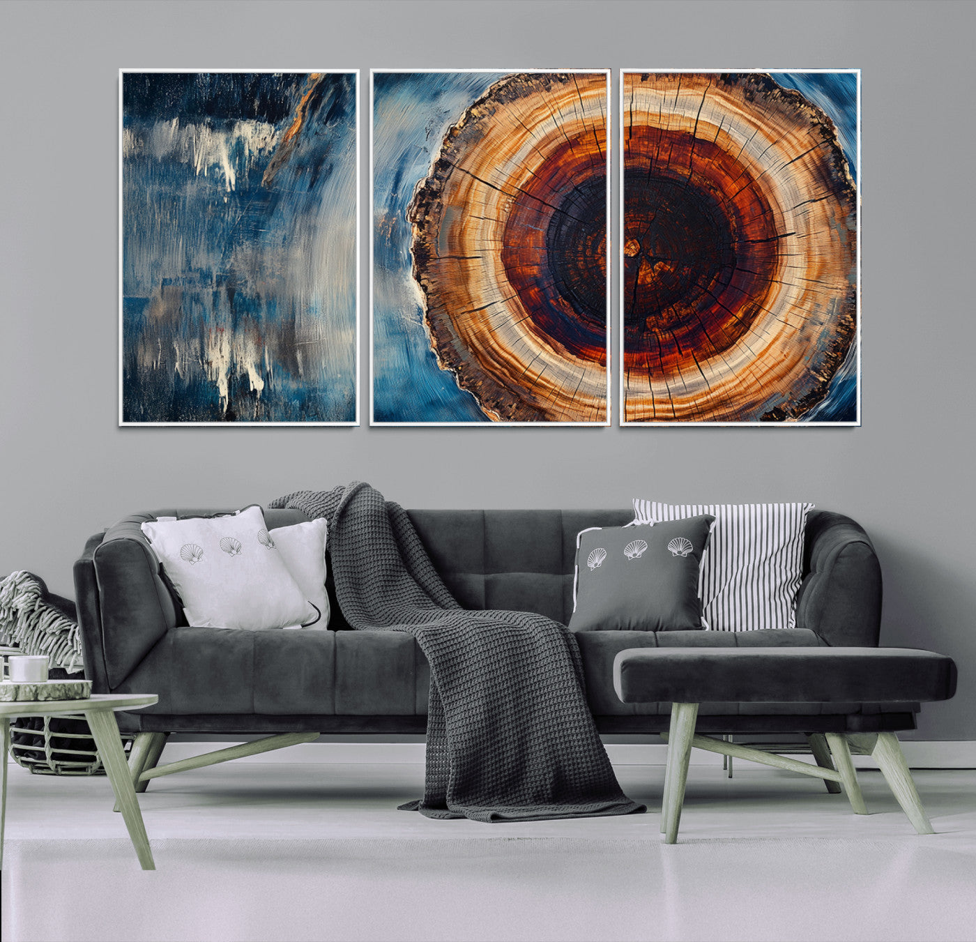48045-MGV-FC-60X30-3P_White-Tree Ring Abstract Wall Art – Rustic Wood Grain Canvas Print with Brown Center and Blue Brush Strokes, Nature Inspired Artwork for