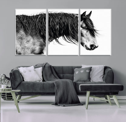 57694-MGV-CV-36X24-Horse Portrait Wall Art – Black and White Canvas Print with Detailed Stallion Profile, Rustic Farmhouse Equestrian Artwork for