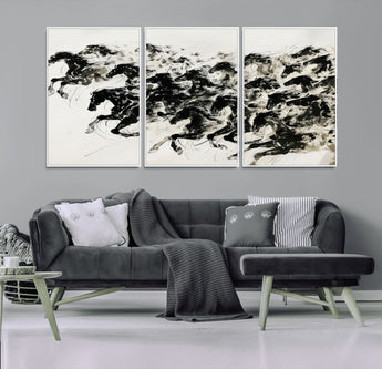 23069-MGV-CV-36X24-Galloping Horses Wall Art – Black Ink Painting on Canvas, Dynamic Equestrian Artwork with Running Stallions, Expressive Modern