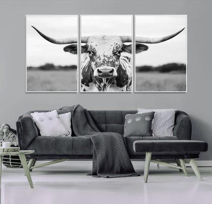 20272-MGV-FC-60X30-3P_White-Highland Cow Wall Art – Black and White Western Longhorn Canvas Print, Farmhouse Living Room Decor Southwestern Animal Artwork for