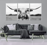 20272-MGV-CV-36X24-Texas Longhorn Wall Art – Black and White Cowboy Western Canvas Print, Rustic Farmhouse Cattle Photography Decor for Ranch, Barn