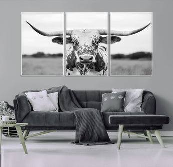 20272-MGV-CV-36X24-Texas Longhorn Wall Art – Black and White Cowboy Western Canvas Print, Rustic Farmhouse Cattle Photography Decor for Ranch, Barn
