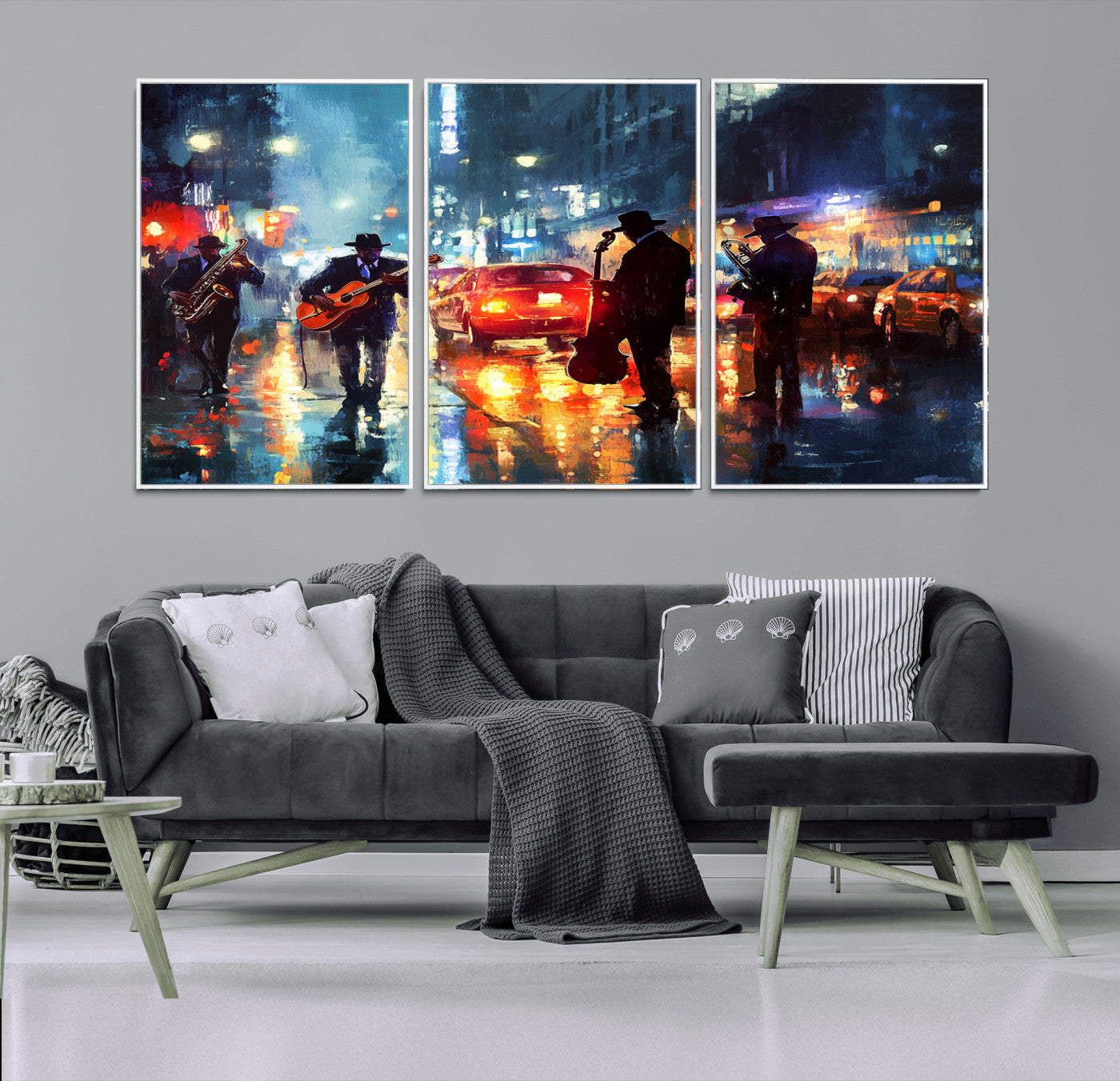 94605-MGV-CV-36X24-City Jazz Night Wall Art – Vibrant Music Canvas Print Featuring Saxophone, Guitar and Bass Players, Urban Street Scene Artwork for