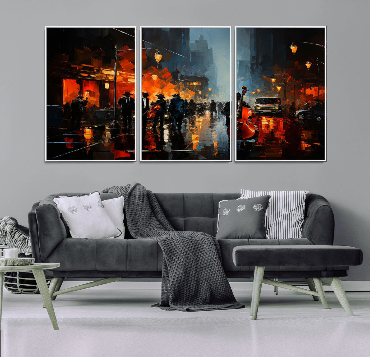 46538-MGV-CV-36X24-Urban Jazz Night Wall Art – Dramatic Music Canvas Print with Double Bass and Street Musicians, Modern City Scene Artwork for