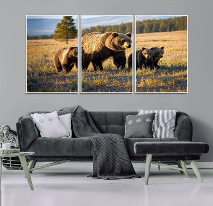 43400-MGV-CV-36X24-Bear Family Wall Art – Wildlife Canvas Print of Mother Bear with Cubs in Sunlit Meadow, Rustic Animal Artwork for Living Room,