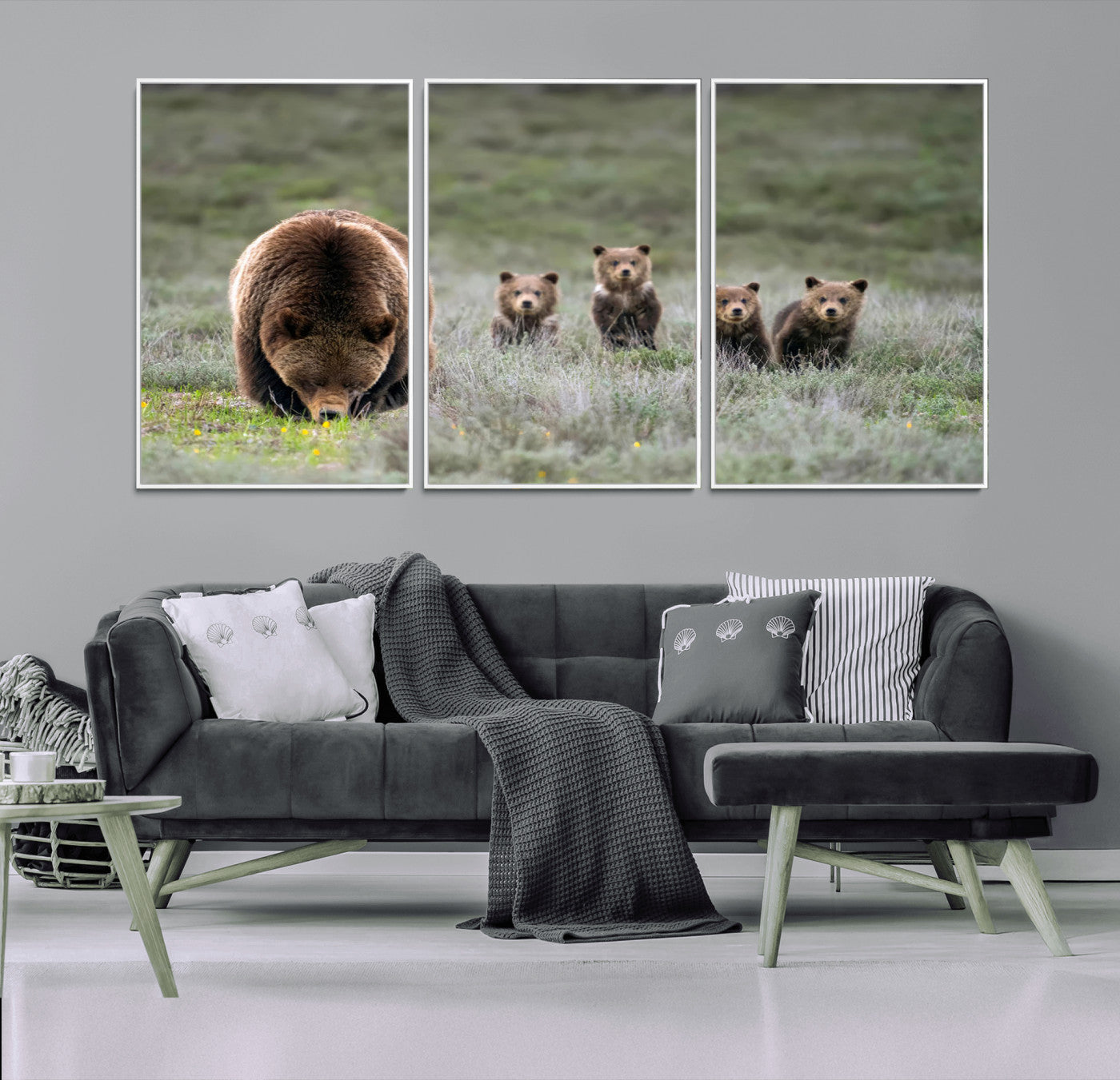 40555-MGV-FC-60X30-3P_White-Bear Family Wall Art – Wildlife Canvas Print of Mother Bear with Four Cubs in Nature, Rustic Animal Artwork for Living Room,