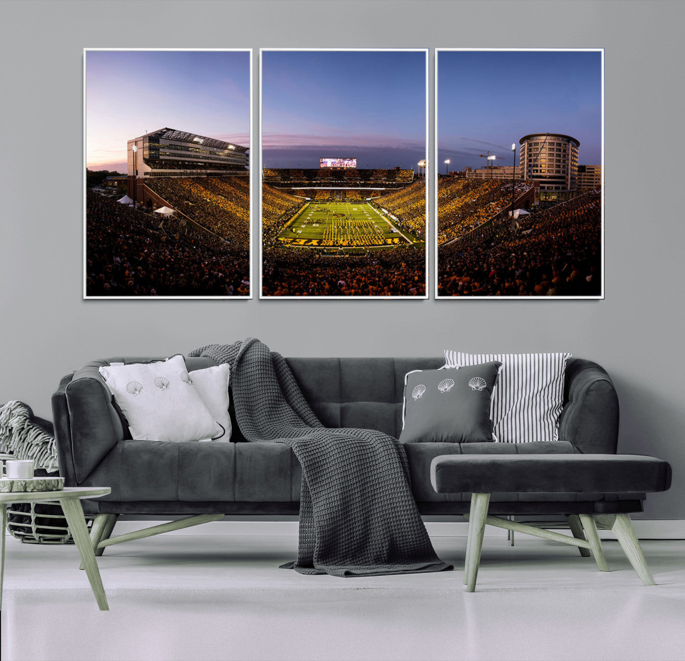 82557-MGV-CV-36X24-College Football Stadium Wall Art – Panoramic Sunset Canvas Print with Marching Band and Game Day Crowd, Sports Artwork for Man