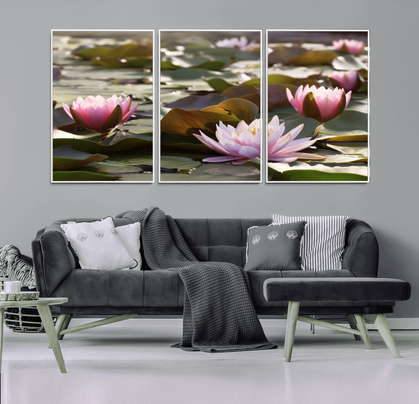 28394-MGV-CV-36X24-Water Lily Pond Wall Art – Pink Lotus Flowers Canvas Print with Green Lily Pads, Peaceful Botanical Artwork for Living Room,