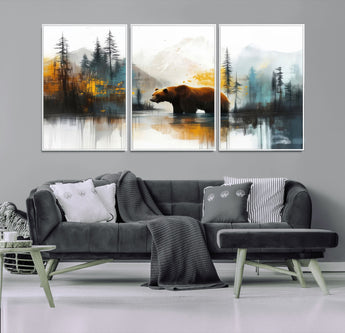 50308-MGV-FC-60X30-3P_White-Abstract Rustic Bear Wall Art – Forest and Mountain Scene Canvas Print, Nature Artwork for Modern Farmhouse or Log Cabin Decor