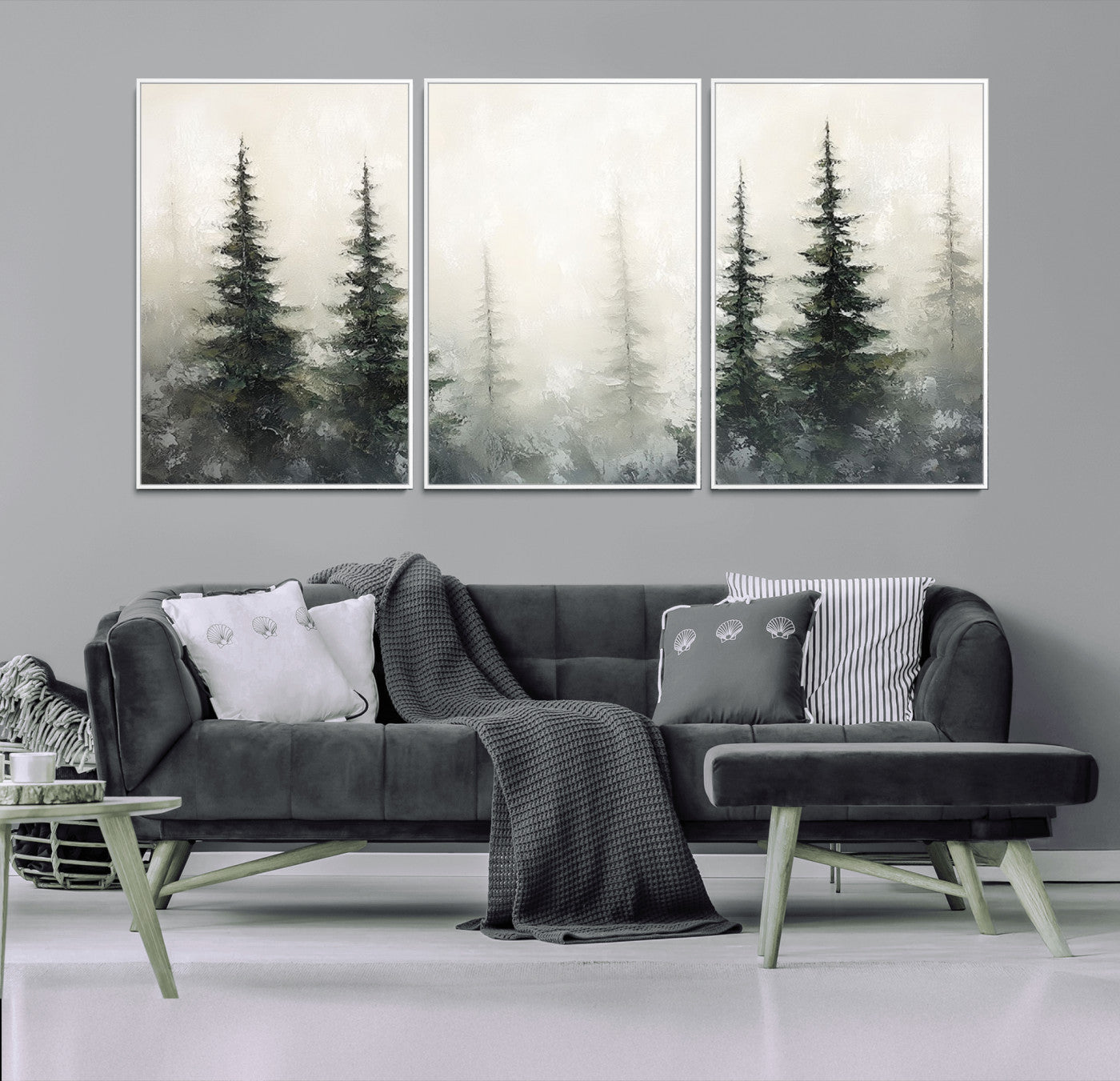 33241-MGV-FC-60X30-3P_White-Misty Forest Wall Art Canvas Print, Framed Foggy Pines Art Picture Print, Forest Haze Perfect Rustic Minimalist Decor Artwork