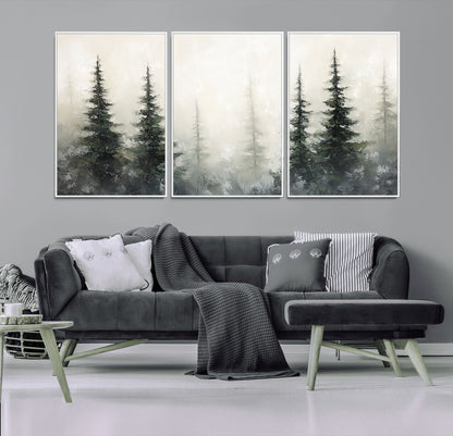 33241-MGV-FC-60X30-3P_White-Misty Forest Wall Art Canvas Print, Framed Foggy Pines Art Picture Print, Forest Haze Perfect Rustic Minimalist Decor Artwork