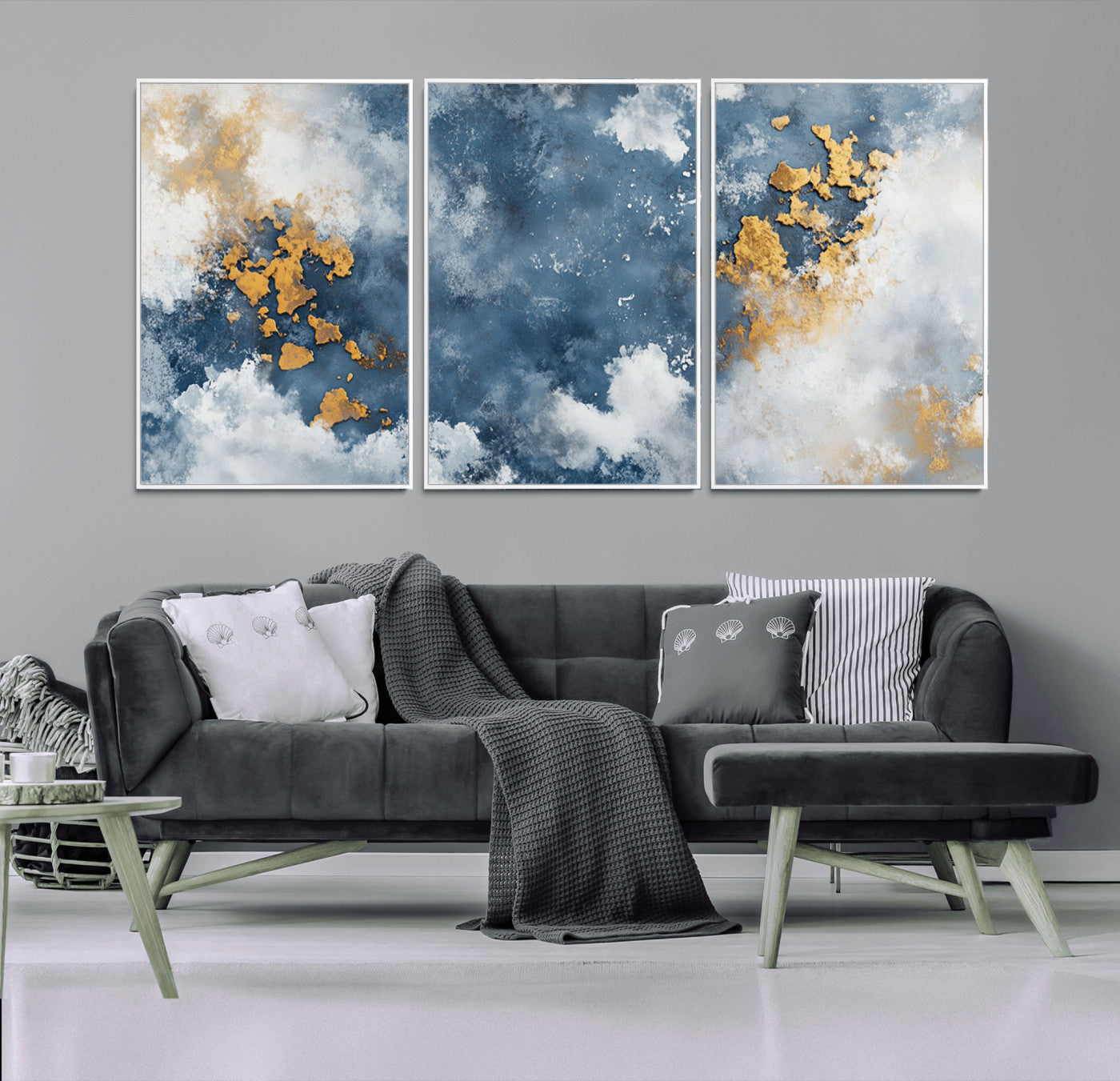 39575-MGV-CV-36X24-Blue and Gold Abstract Wall Art – Modern Canvas Print Featuring Cloudy Textures with Metallic Accents, Contemporary Artwork for