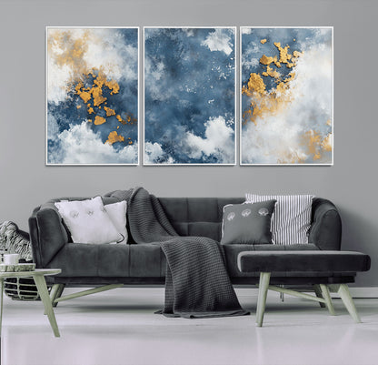 39575-MGV-CV-36X24-Blue and Gold Abstract Wall Art – Modern Canvas Print Featuring Cloudy Textures with Metallic Accents, Contemporary Artwork for