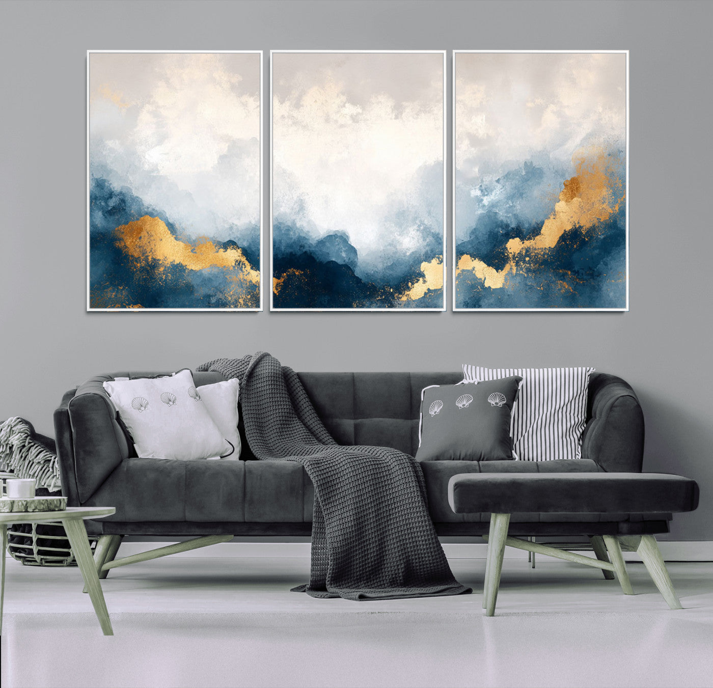 14578-MGV-CV-36X24-Abstract Wall Art – Modern Canvas Print Featuring Blue and White Clouds with Golden Accents, Contemporary Elegant Artwork for