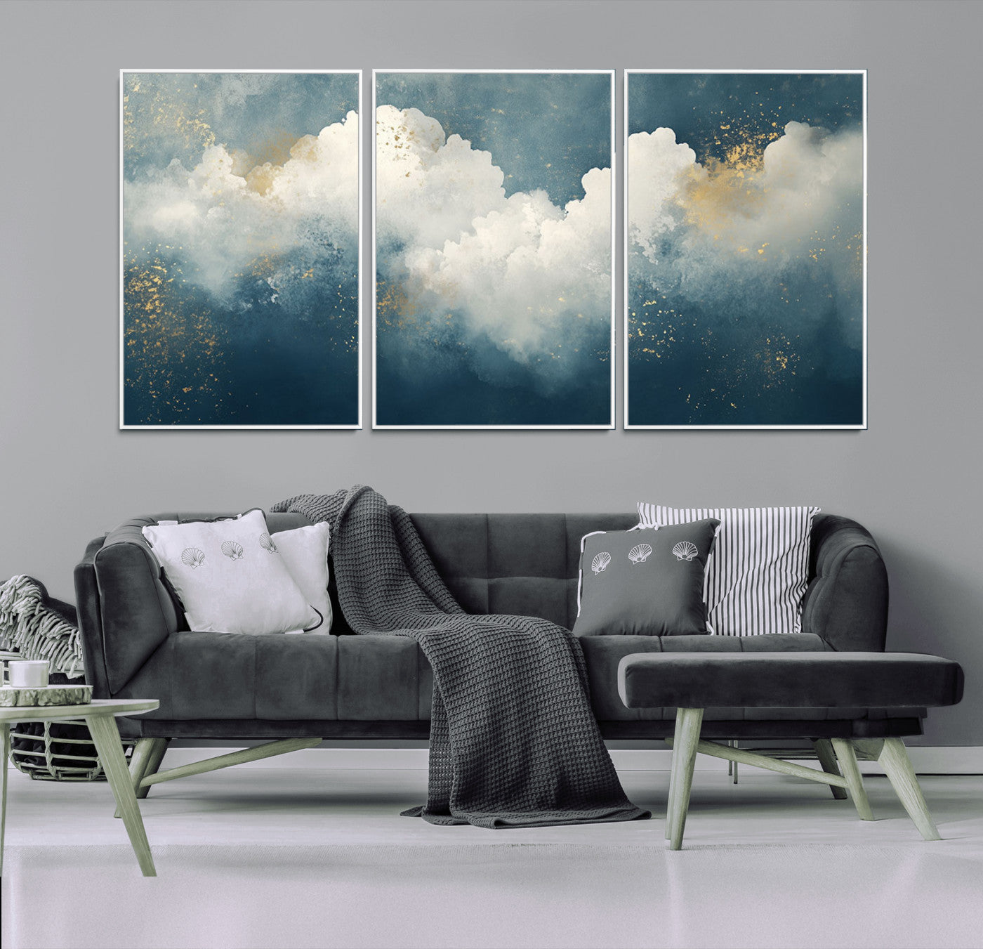75131-MGV-FC-60X30-3P_White-Abstract Cloud Wall Art – Modern Canvas Print Featuring Blue and White Clouds with Golden Accents, Contemporary Artwork for Living