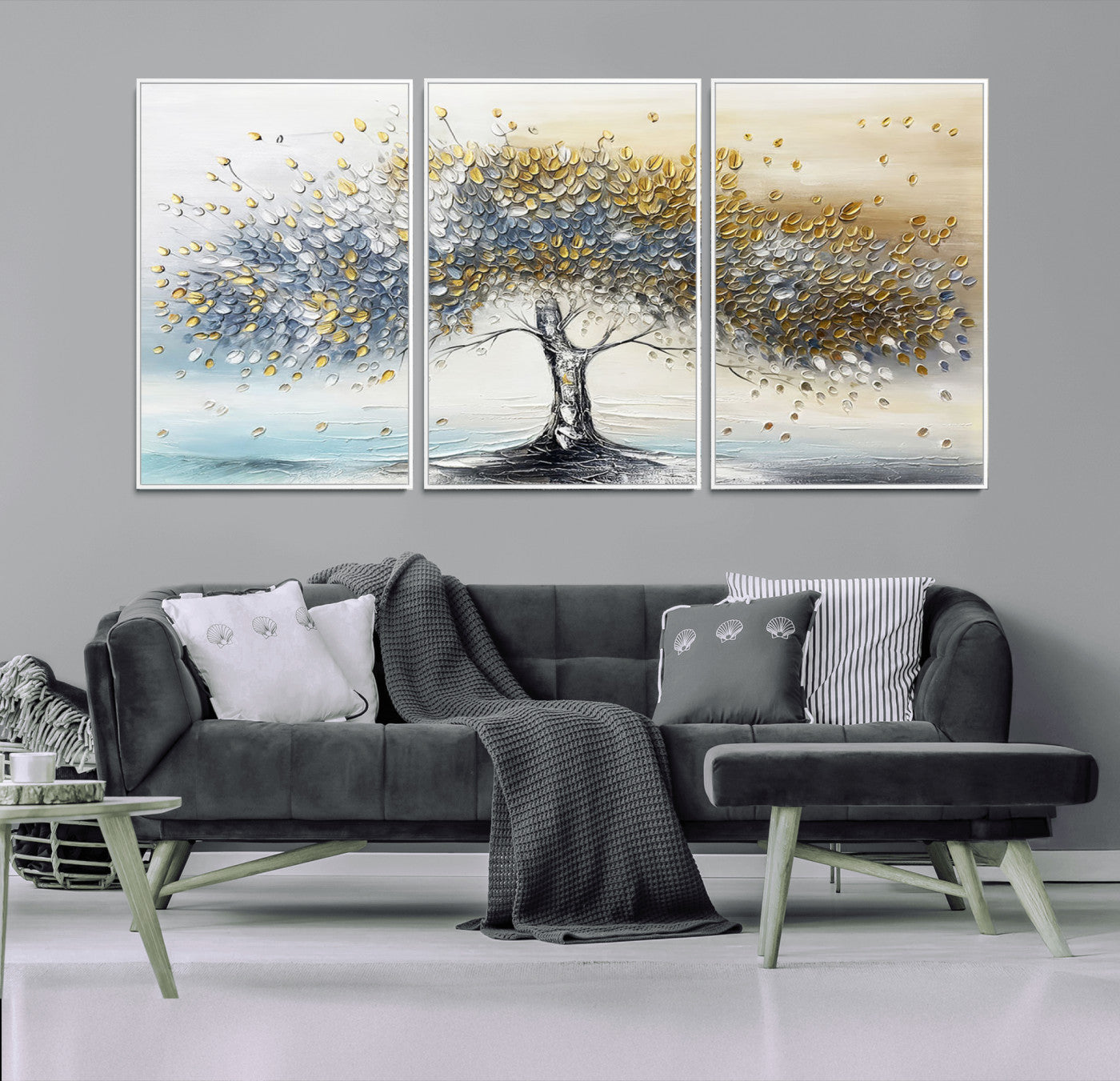 24771-MGV-CV-36X24-Silver Tree Wall Art Canvas Print, Framed Golden Leaves Art Picture Print, Metallic Tree Perfect Minimalist Luxury Decor Artwork