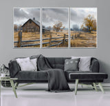 Farm1-MGV-FC-60X30-3P_White-Rustic Autumn Farmhouse Wall Art – Serene Countryside Scene Canvas Print, Weathered Barn and Autumn Trees Decor for Living Room,