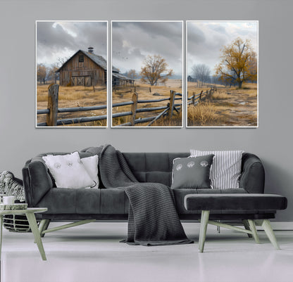 Farm1-MGV-FC-60X30-3P_White-Rustic Autumn Farmhouse Wall Art – Serene Countryside Scene Canvas Print, Weathered Barn and Autumn Trees Decor for Living Room,