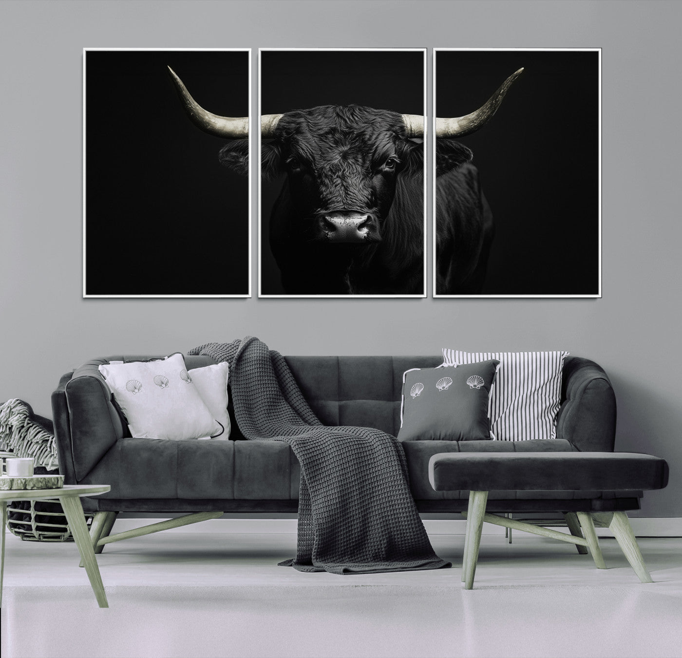 97914921-MGV-CV-36X24-Black Bull Wall Art Canvas Print, Framed Longhorn Bull Art Picture Print, Western Bull Perfect Monochrome Western Decor Artwork